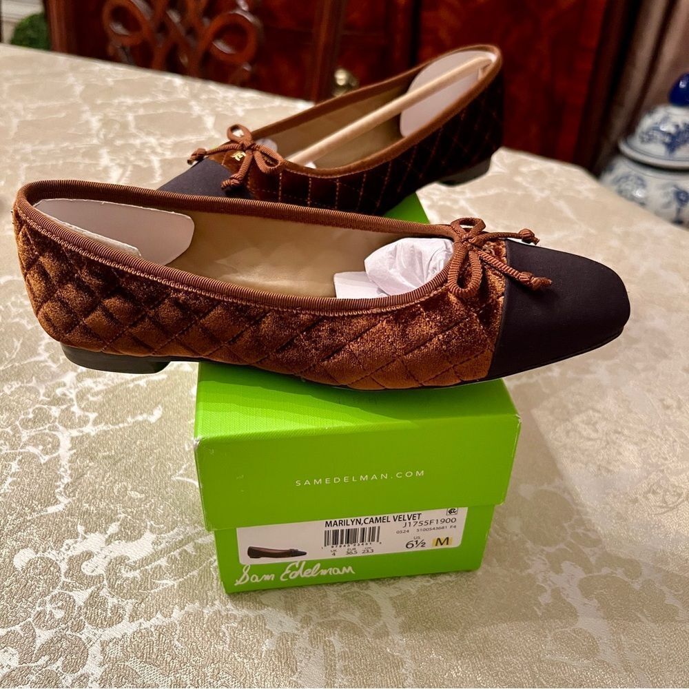 NWB Sam Edelman Marilyn Cap Toe Quilted Ballet Flats Shoes Spicy Camel Black 6.5
